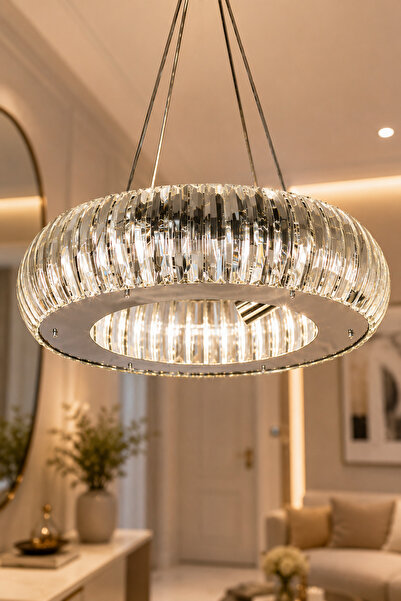 VENON PARİS 40 Cm YUVARLAK KROM KIVRILMIŞ KRİSTAL TABUT TAŞLI AVİZE Yuvarlak ...