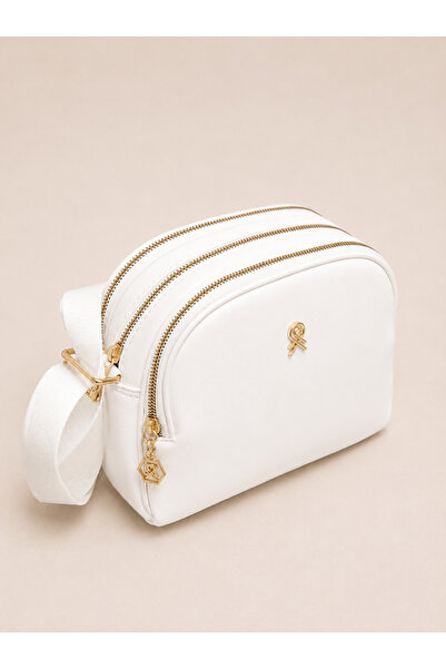 Madamra White Women's Stylish Design 3-Compartment Crossbody Bag