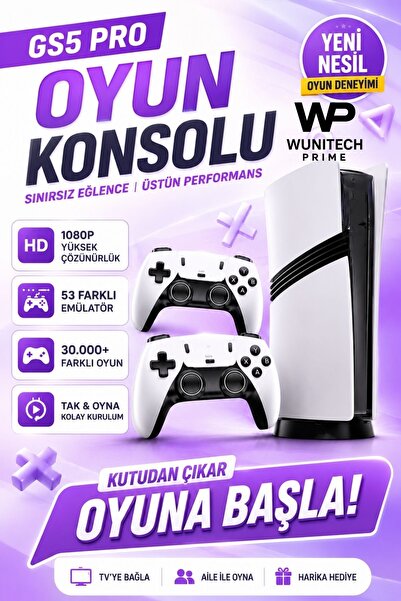 WUNİT Gs5 Pro Kablosuz Çift Kollu 30.000 Oyunlu 4k Hdmi 53 Emülatörlü Pes12,w...
