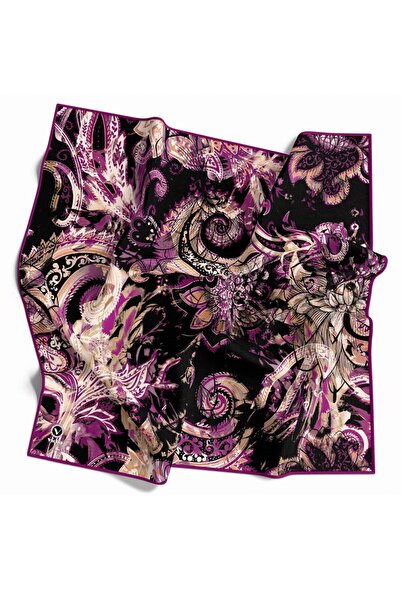VİOLLA Twill Şal Desenli Mürdüm Renkli 90x90 Eşarp (İpek İçermez) Kenar Dikiş...