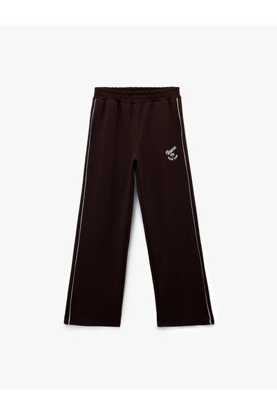 Koton Cotton Ribbed Printed Wide Leg Sweatpants with Elastic Waist