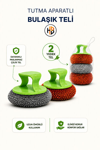 HOBİLON Tutma Aparatlı Bulaşık Yıkama Teli - Plastik Saplı & Paslanmaz Çelik ...
