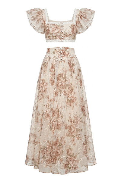 Julidress Premium Design Chiffon Set with Lace Detail, Flounce Sleeves, Crop ...