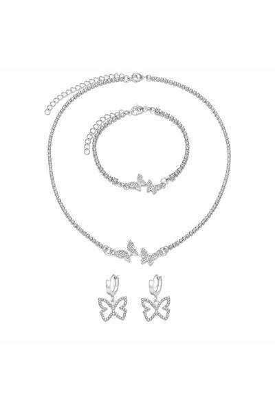 Nevara Luxury 4Pc/Set Silver Butterfly Jewelry Set Shiny Zircon Butterfly Nec...