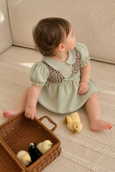Pmini Leopard Vest Look Baby Collar Muslin Baby Dress