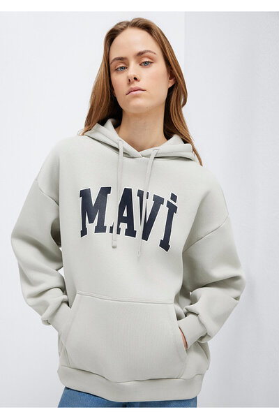 Mavi Logo Baskılı Kapüşonlu Gri Sweatshirt 1600361-34322