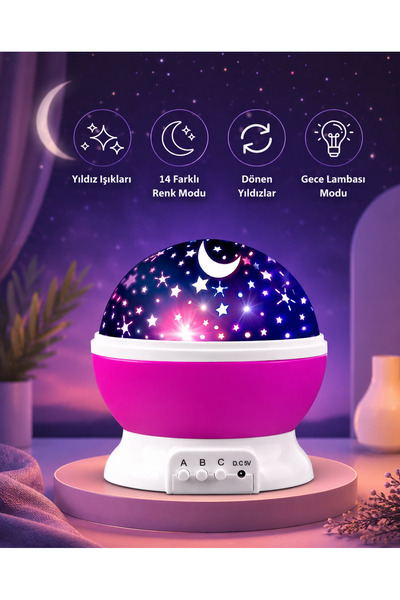 Toyzoy Toys Ay ve Yıldızlı Gökyüzü Yansıtmalı Dönen Projeksiyon Gece Lambası-...