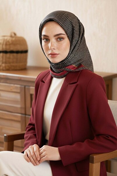 Vissona %100 Twill İpek Minik Motif Desenli Siyah - Bordo Renkli 90x90 Eşarp ...