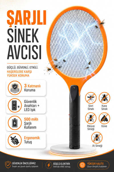 Telvesse Şarjlı Sinek Raketi Sivrisinek Haşere Öldüren Elektrikli Sineklik Ha...