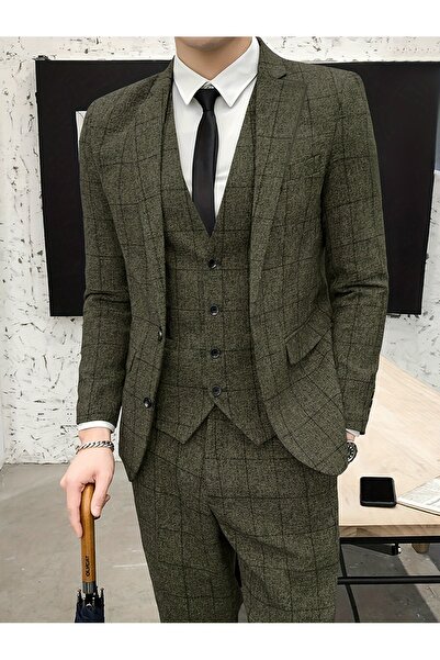 Greneric Men's Olive Green Plaid 3-Piece Slim Fit Suit - Formal Business Wear