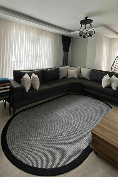 VOPTEKS Oval Siyah Halı Salon Halısı Makinede Yıkanabilir Kaymaz Taban Halı