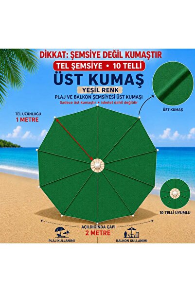 Şemsiyecim 10 Telli Plaj Şemsiye Üst Kumaşı 2 Metre Çap 1 metre Tel Uyumlu