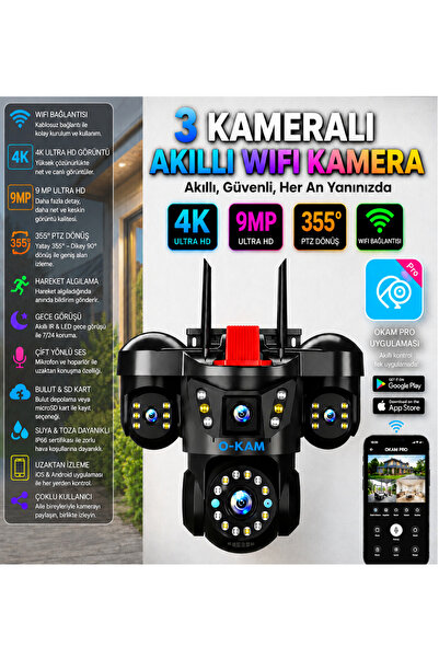 SLTECH OKAM 5011 PRO Kablosuz 3 Lensli Wi-Fi Güvenlik Kamerası 12v Adaptör He...
