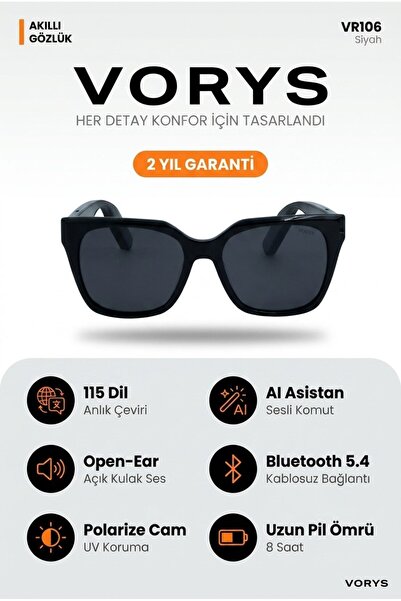 VORYS VR106 Yapay Zeka Akıllı Gözlük 115 Dil Çeviri Bluetooth Açık Kulak Müzi...