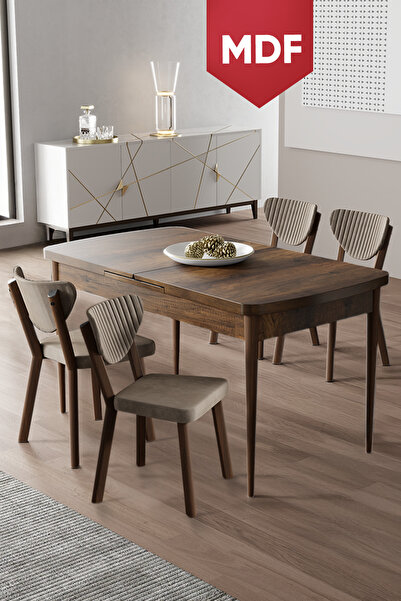 Canisa Exve Serisi 80x132 Açılabilir MDF Barok Ahşap Desen Masa Takımı ve 4 C...