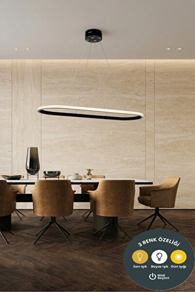 Lzy Avize Store 3 Renkli Siyah Elips LED Avize - 3 Renk Kademeli Modern Salon...