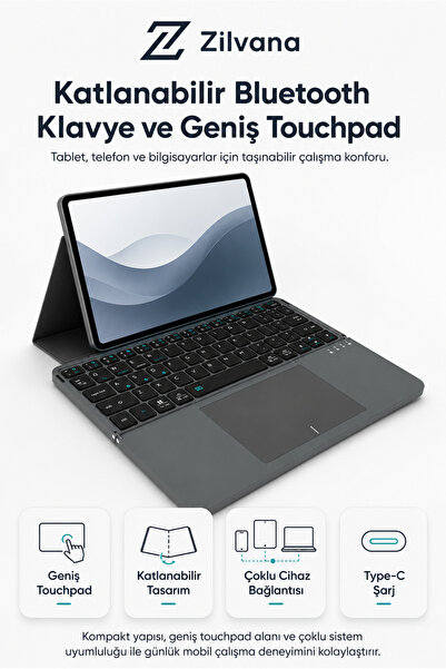 Zilvana Touchpadli Katlanabilir Bluetooth Klavye Kılıflı Taşınabilir Ofis Kla...