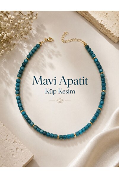Cunda Doğal Taş Design Koyu Mavi Apatit Doğal Taş Kolye Küp Kesim