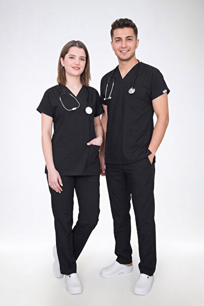 Nur Medikal Giyim Set de uniforme unisex din lycra moale, negru, pentru docto...