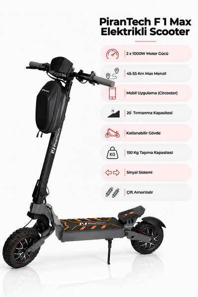 PiranTech F1 Max Elektrikli Scooter 2000W Turuncu | Mobil Uygulama | Çift Amo...