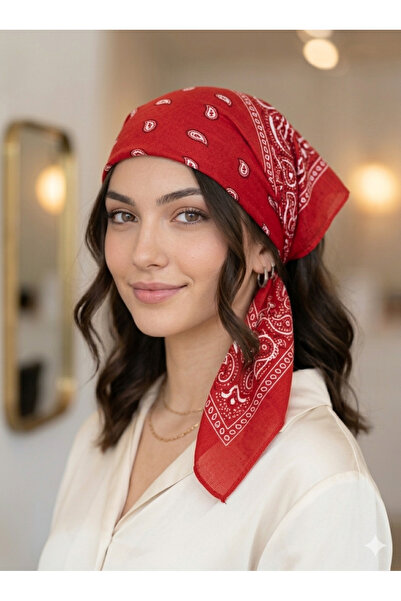 MutluBiDünya Vintage Kırmızı Renk Etnik Desen Kare Pamuklu Bandana Fular