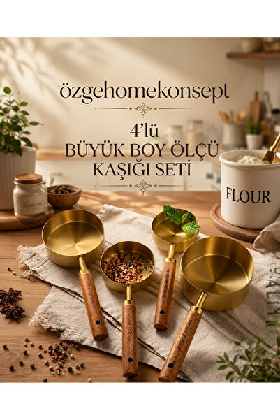 VEZZA HOME Ahşap Saplı Gold Ölçü Kaşığı Seti – Sıvı ve Katı Ölçüm Kupası (4’l...