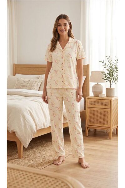 fameshomewear Yazlık Kısa Kol Kalpli Siyah Düğmeli Pijama Takım
