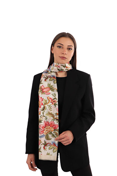 Bursa İpek Eșarfă din mătase voile cu model de flori crem