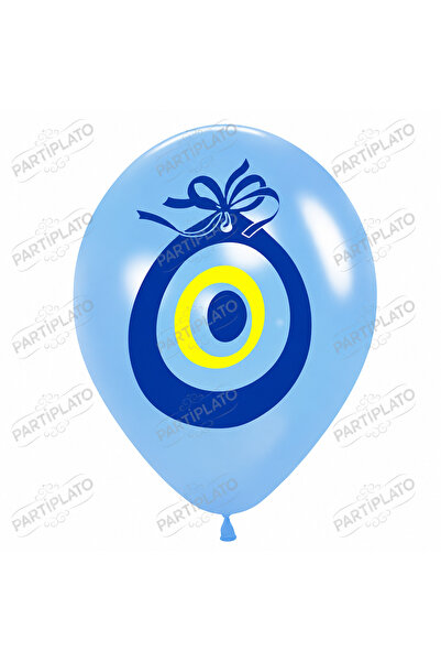HBK Balon 11 İnç Nazar Boncuğu Baskılı Açık Mavi Lateks Balon (100'lü Paket)