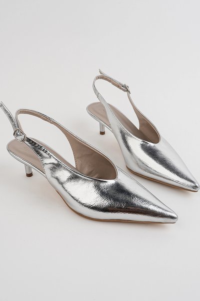 bakac store Women's Silver Color Wrinkled Patent Leather Short Heeled Shoes