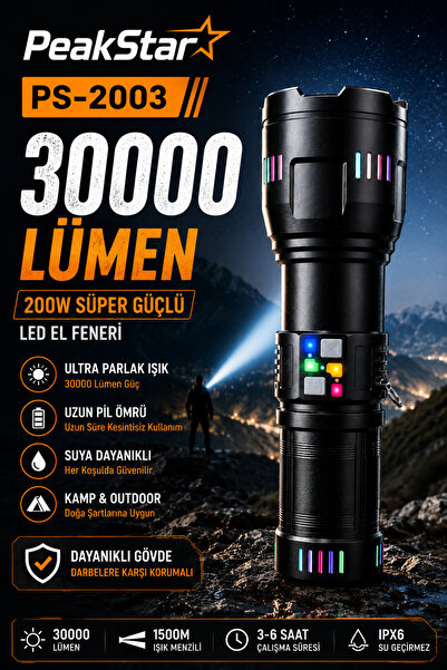 PeakStar PS-2003 Ultra Parlak Su Geçirmez Zoomlu Güçlü 200w 30000 Lümen Şarjl...