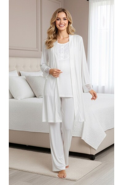 FLZ White Dressing Gown Pajama Set – Long Sleeve Lace Detailed Zakkum Fabric ...