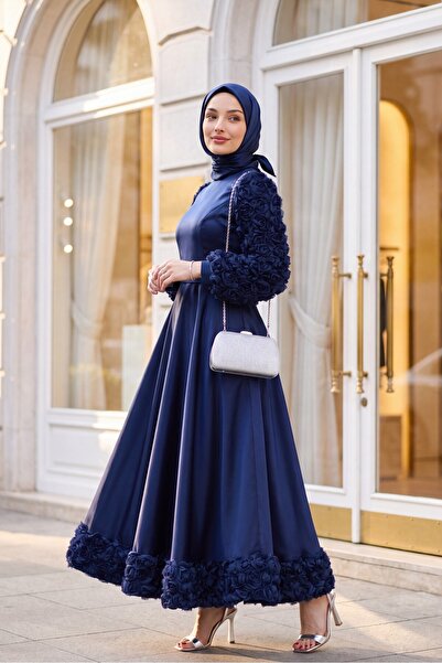 Modamorfo Eteği Ve Kolları Gül Detaylı Saten Abiye -laci