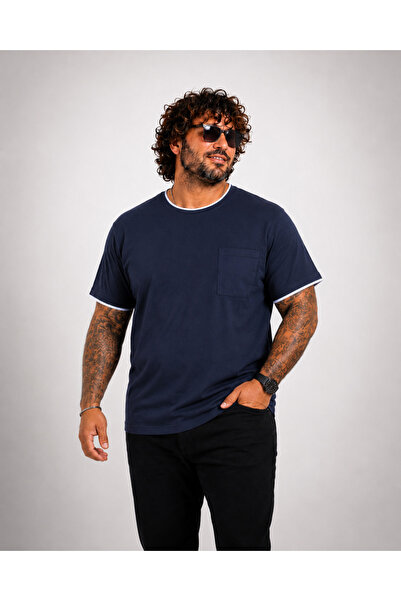 Starbattal Men's Large Size Crew Neck T-Shirt with Pockets 26143 Navy Blue