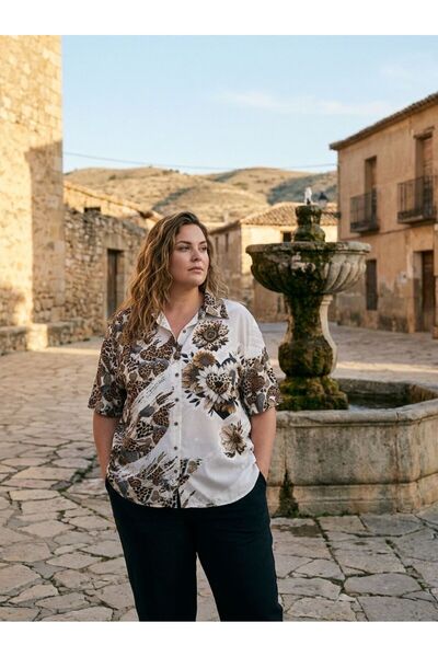 JERFİ Women's Plus Size Stone Printed Fabric Shirt