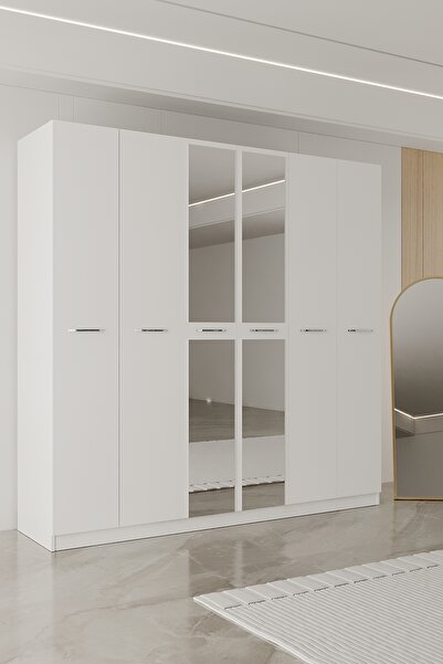 AEKA AE-2191 Hisar Beyaz/Beyaz Aynalı 6 Kapaklı Çok Bölmeli Askılı ve Raflı G...