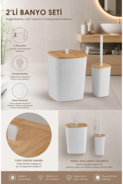 Store HGY Home Safir Gerçek Bambu Detaylı - Yapışkanlı Wc Fırçalık ve Çöp Kov...