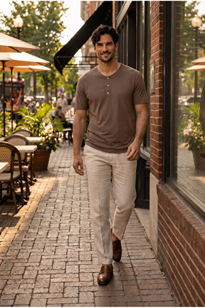 Valiberta Edgar Regular Fit 3 Button Placket Suprem Fabric Men's T-Shirt - Brown