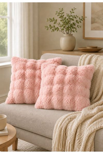 LALHOME Pembe Peluş Kırlent Seti İkili - Modern Şık Retro Salon Dekoru - Lüks...