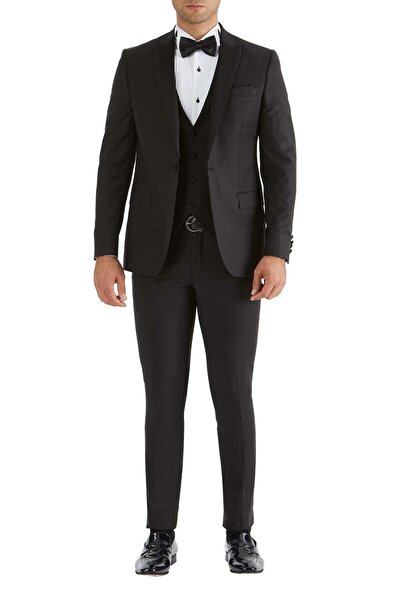 Efor Slim Fit Çıkarılabilir Saten Yaka Yelekli Siyah Damatlık Smokin Takım Bl...