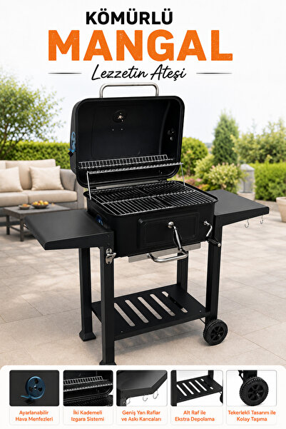 SOMINECO Tekerlekli Kömürlü BBQ Dökme Demir Kömürlü Mangal Fırınlı Büyük Barb...