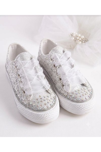 pediashoes KIZ ÇOCUK GÜMÜŞ RENK TAŞLI BAĞCIKLI ŞIK AYAKKABI