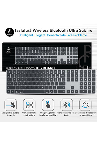 BRAGUS Tastatură wireless reîncărcabilă, Bluetooth 5.2, 500mAh, Ultra subțire, Aluminiu, Switch-uri tip foarfecă cu clic, Conectare la 3 dispozitive, Compatibilă cu PC, Windows, Mac, iOS, Android, Type-C, 495g