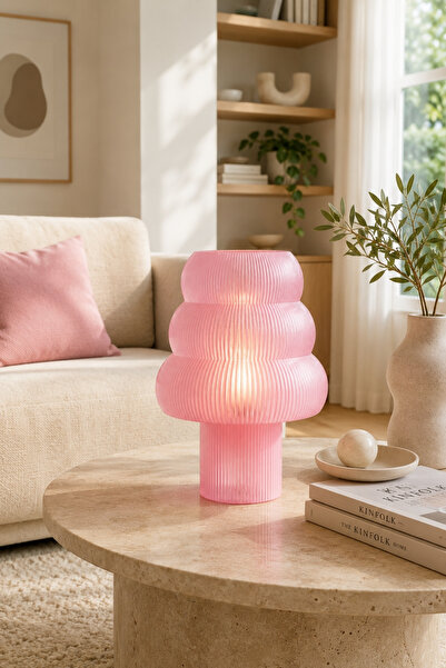 Nuaen Aura Premium Modern Dekoratif Pembe Abajur Masa Lambası - Yarı Şeffaf T...