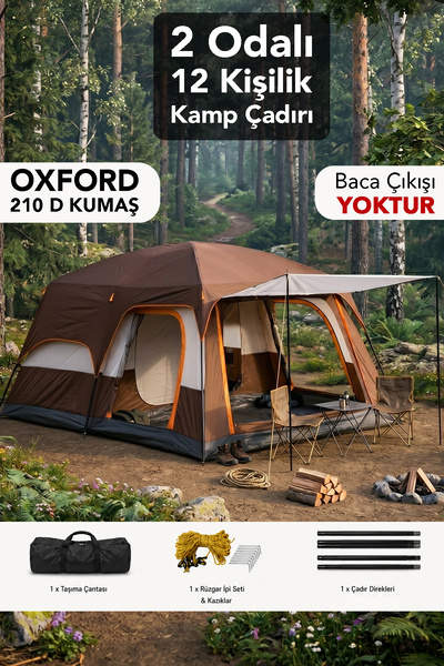 fischerone 12 Kişilik Kamp Çadırı - 2 Odalı Su Geçirmez 4 Mevsim Outdoor Çadır