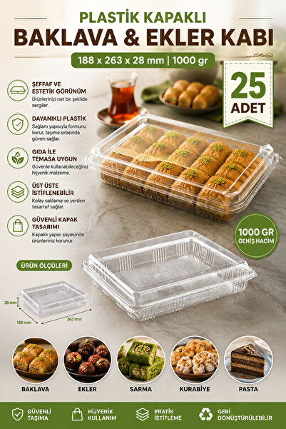 YOK YOK AMBALAJ Plastik Kapaklı Sızdırmaz Baklava Kabı Saklama Kutusu 1000cc ...