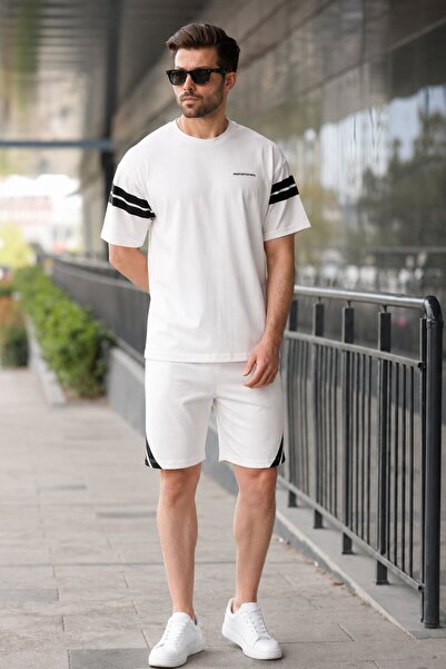 Madmext Ekru Şerit Detaylı Erkek Şort T-shirt Takım E7301