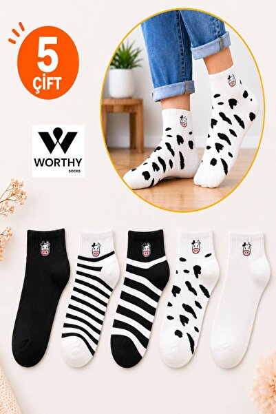 WORTHY SOCKS Комплект от 5 унисекс памучни чорапи до глезена с шарка на крава