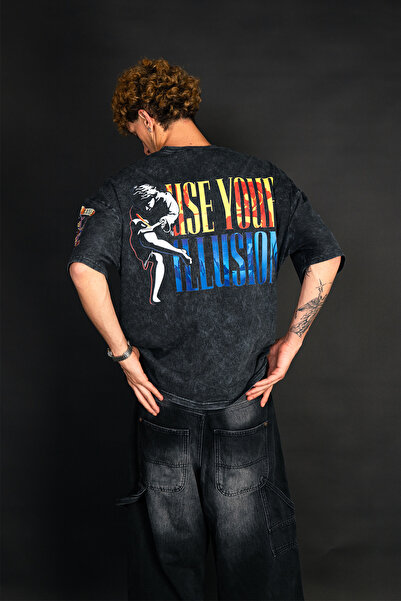 Sekizbiraltı Guns N' Roses Use Your Illusion II Yıkamalı Siyah Oversize Tişört