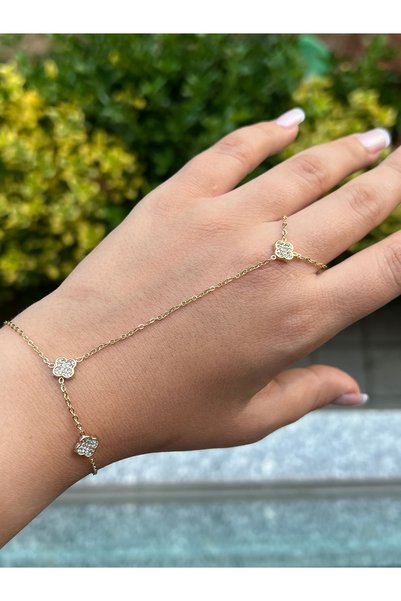 BusradanDesign Zircon Stone Clover Flower Model Adjustable Steel Shahmeran